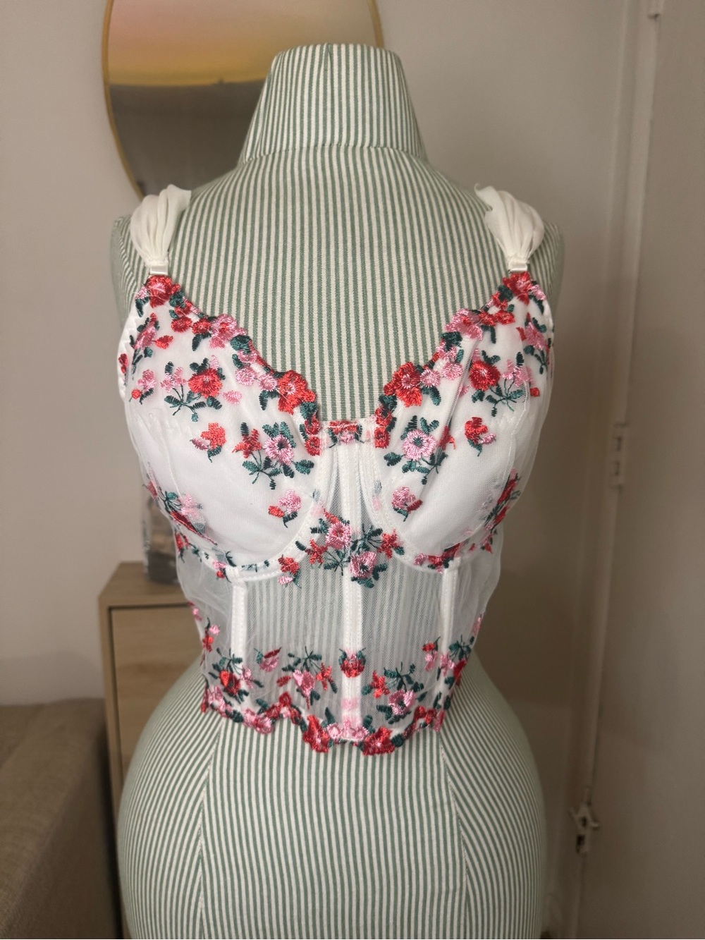 White Floral Embroidered Mesh Corset Top XL